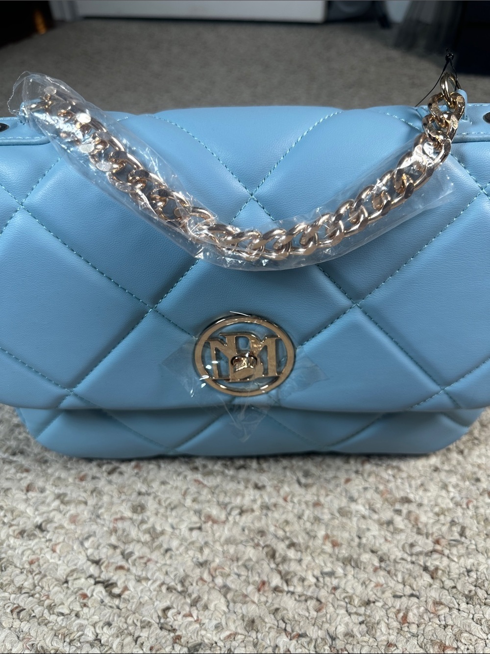Studio Badgley Mischka Quilted Bag Gold Chain Strap Blue - Picture 6 of 7